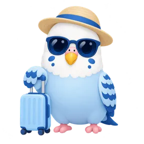 budgeee mascot with a suitcase